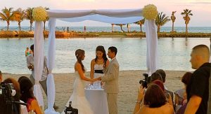 Classic Sheer Drapes Wedding Chuppah Canopy Pergola Arch Rental at the National Hotel South Beach Miami FL
