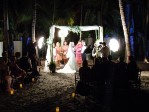Bamboo and Sheer Drape Wedding Canopy Chuppah Arch Rental at the National Hotel, South Beach FL