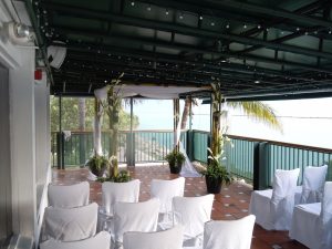 Tahitian Bamboo and Sheer Drape Canopy Chuppah Arch Rental at Smith & Wollensky, Miami Beach FL